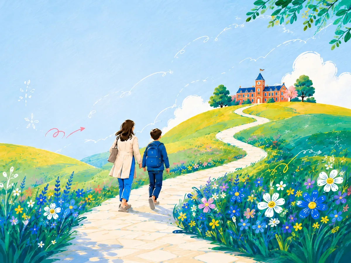 A parent and child walking hand in hand up a flower-lined path toward a school